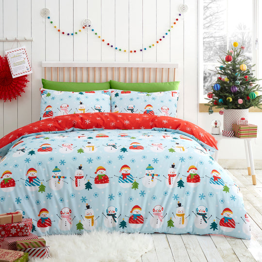 Christmas Snowman Duvet Cover Set in Duck Egg