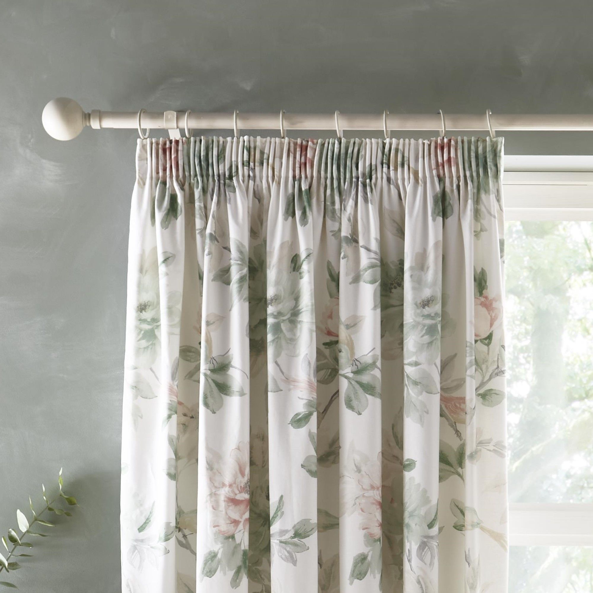 Campion Pair of Pencil Pleat Curtains With Tie-Backs by Appletree Heritage in Green/Coral - Pair of Pencil Pleat Curtains With Tie-Backs - Appletree Heritage