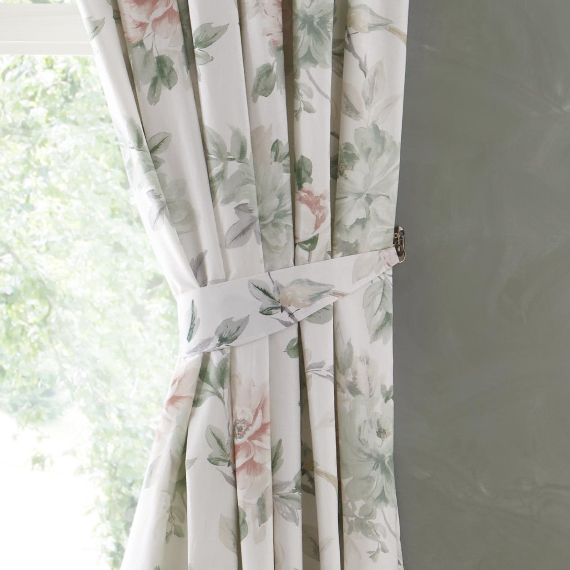 Campion Pair of Pencil Pleat Curtains With Tie-Backs by Appletree Heritage in Green/Coral - Pair of Pencil Pleat Curtains With Tie-Backs - Appletree Heritage