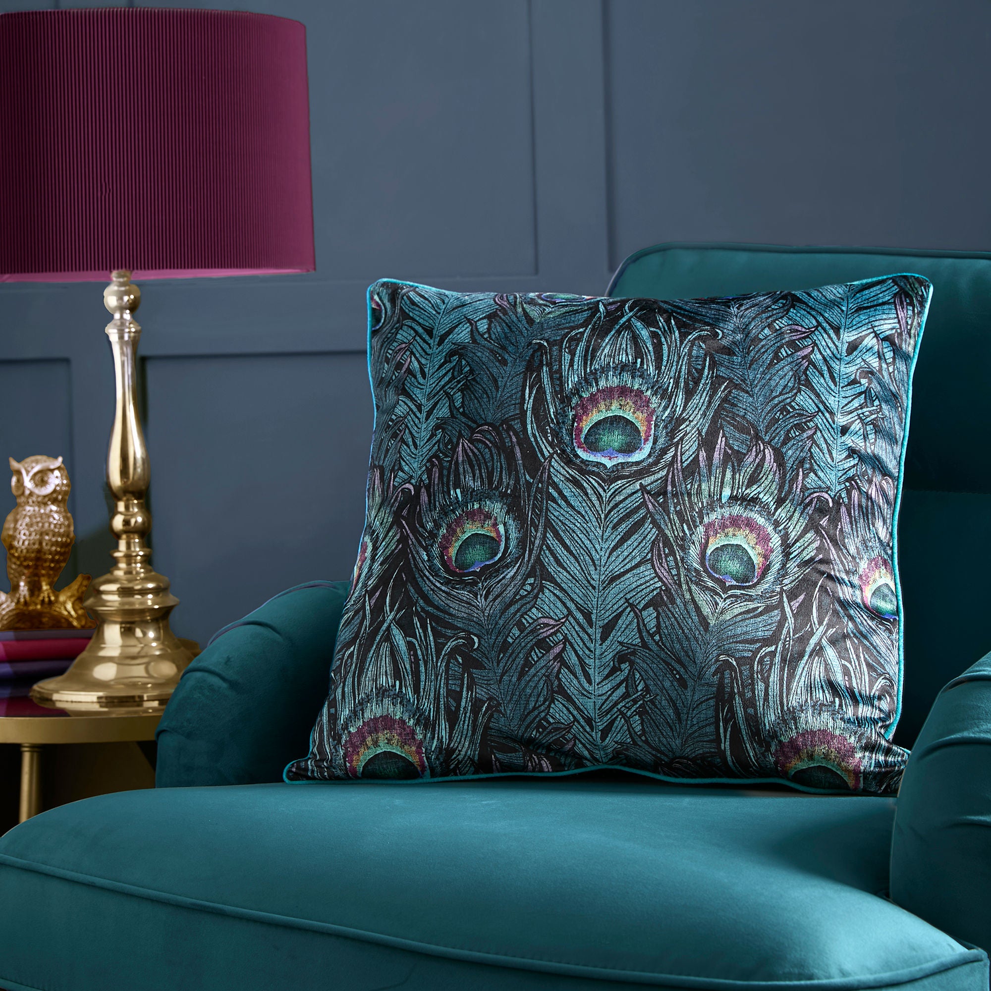 Dandy Peacock Cushion by Laurence Llewelyn-Bowen in Teal 55 x 55cm - Cushion - Laurence Llewelyn-Bowen