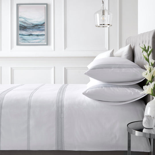 Embroidered Bands Duvet Cover Set in White