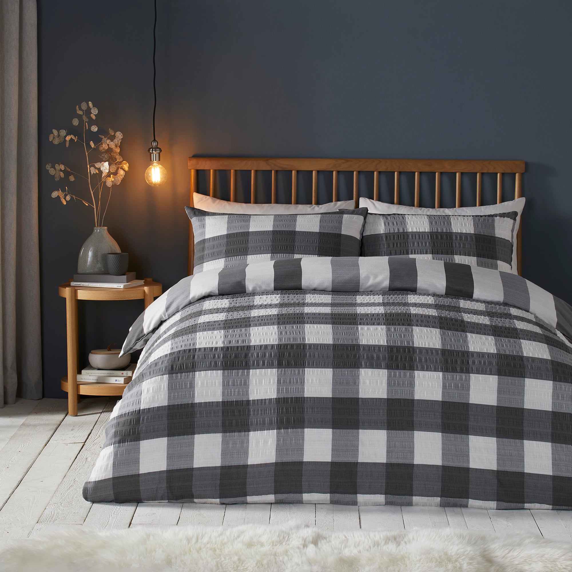 Seersucker Gingham Check Duvet Cover Set by Fusion Snug in Charcoal - Duvet Cover Set - Fusion Snug