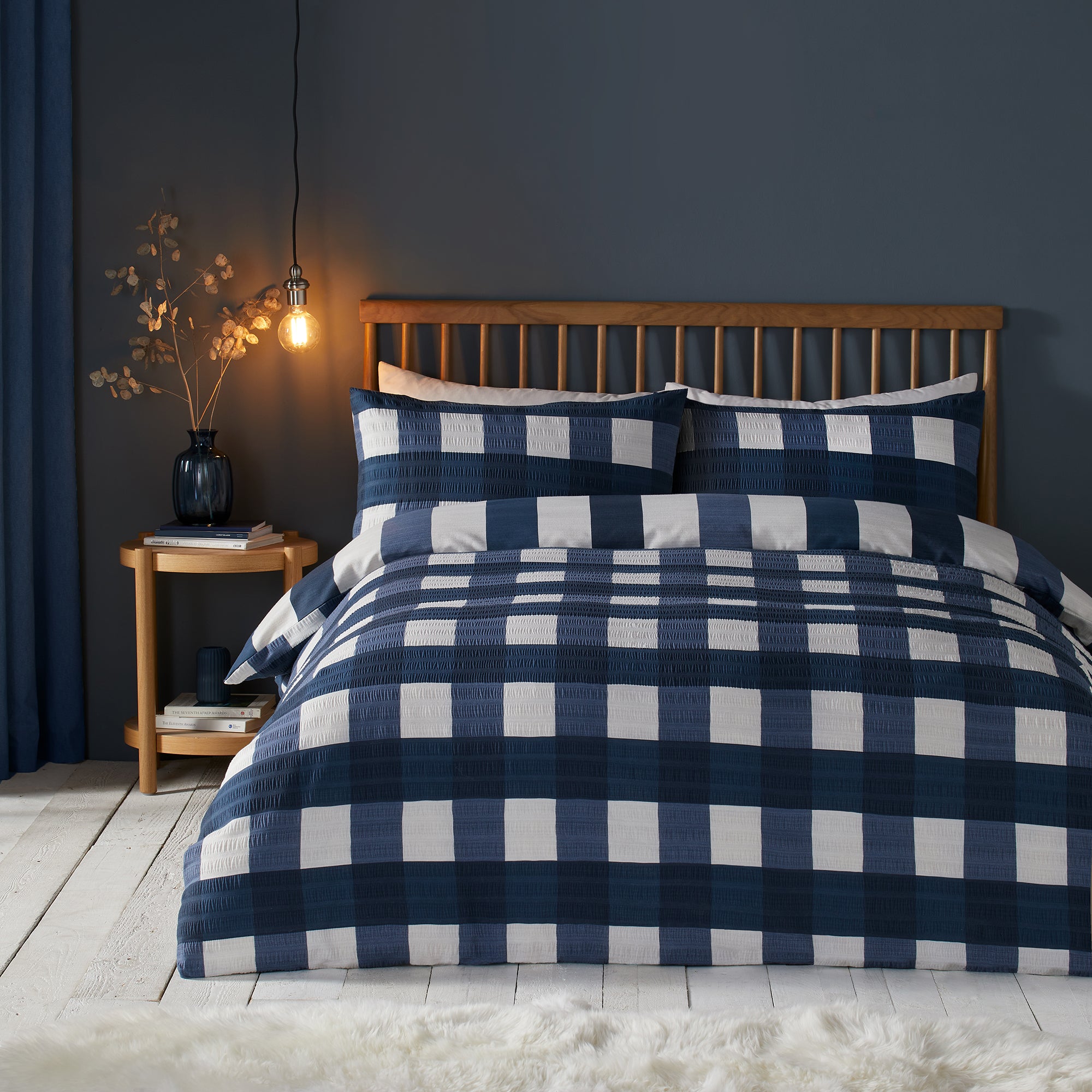 Seersucker Gingham Check Duvet Cover Set by Fusion Snug in Navy - Duvet Cover Set - Fusion Snug