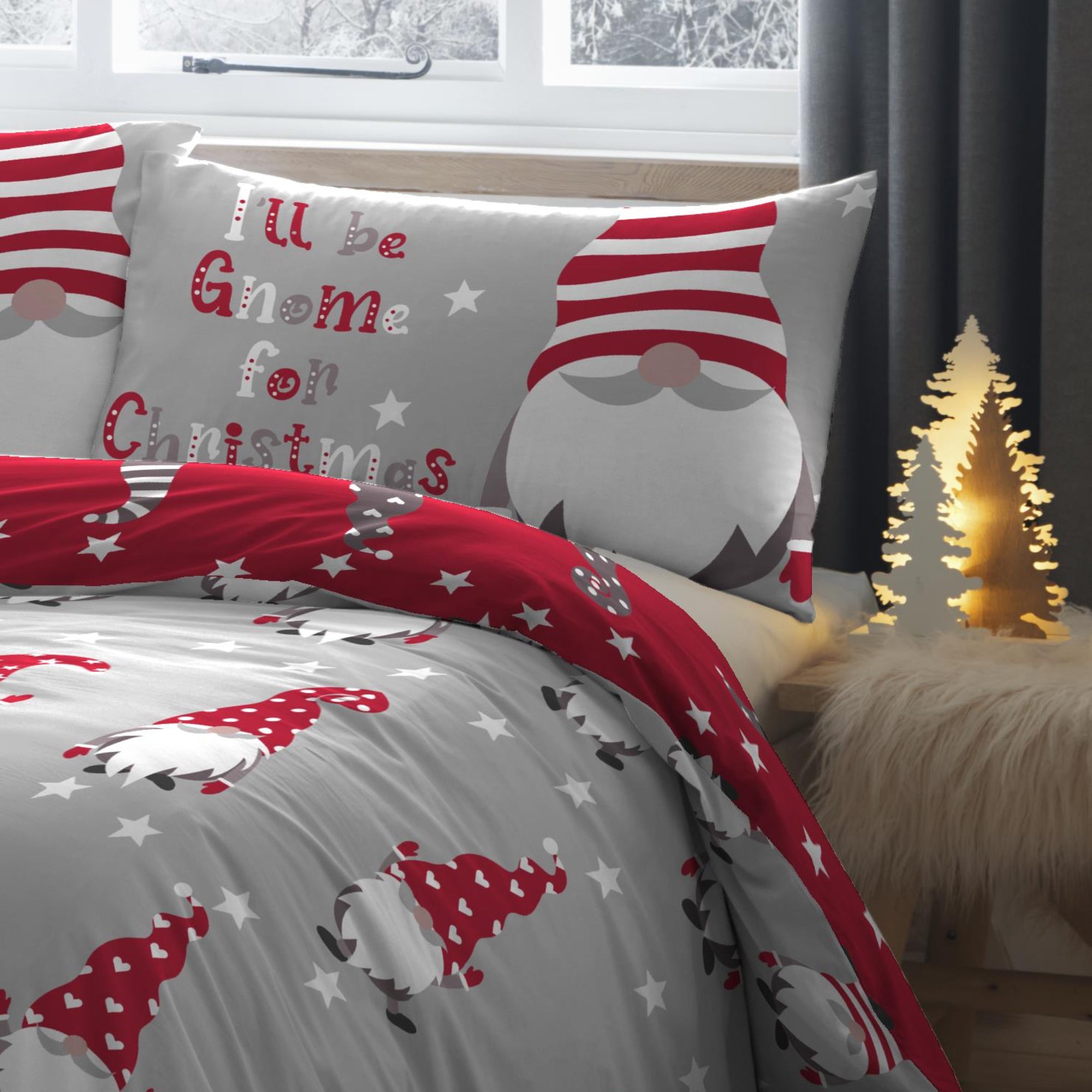 Gnome For Christmas Duvet Cover Set by Fusion Christmas in Silver Single - Duvet Cover Set - Fusion Christmas