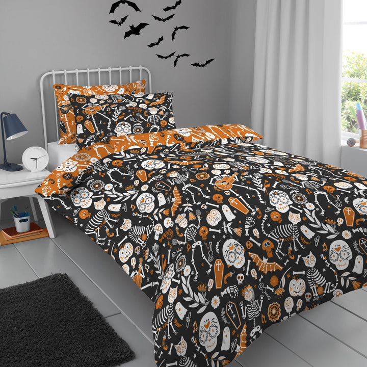 Halloween Day of the Dead Duvet Cover Set by Bedlam in Black/Orange - Duvet Cover Set - Bedlam