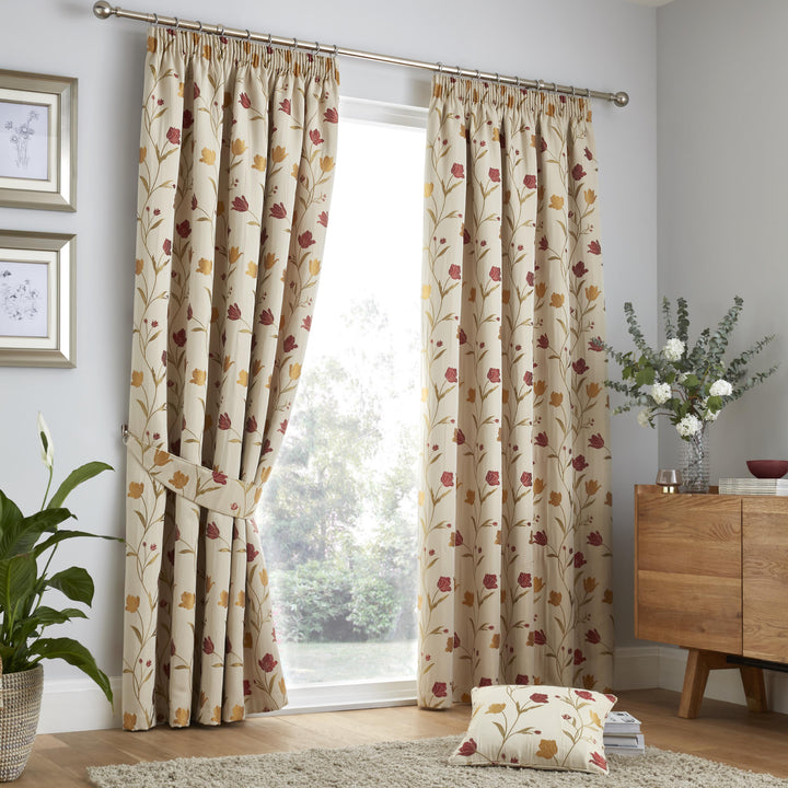 Juliette Pair of Pencil Pleat Curtains by Curtina in Natural & Red - Pair of Pencil Pleat Curtains - Curtina