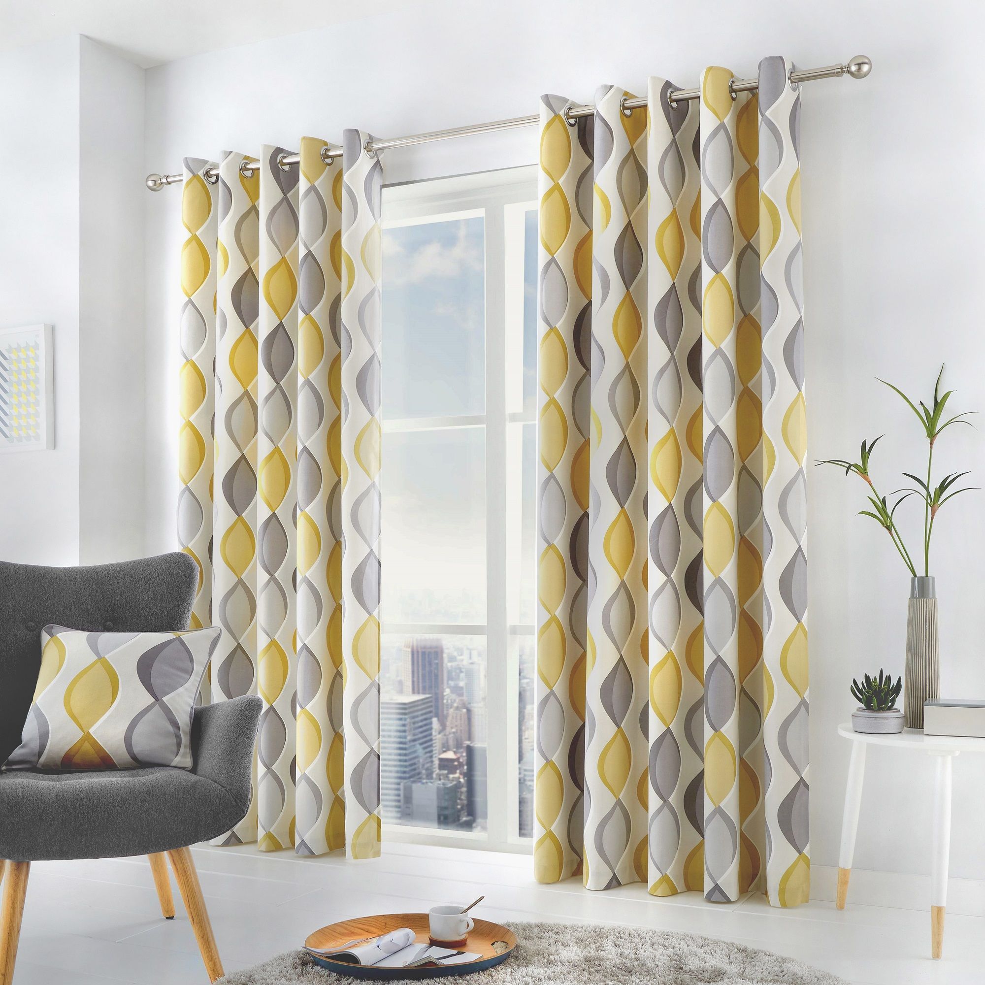 Lennox Pair of Eyelet Curtains by Fusion in Grey & Ochre - Pair of Eyelet Curtains - Fusion