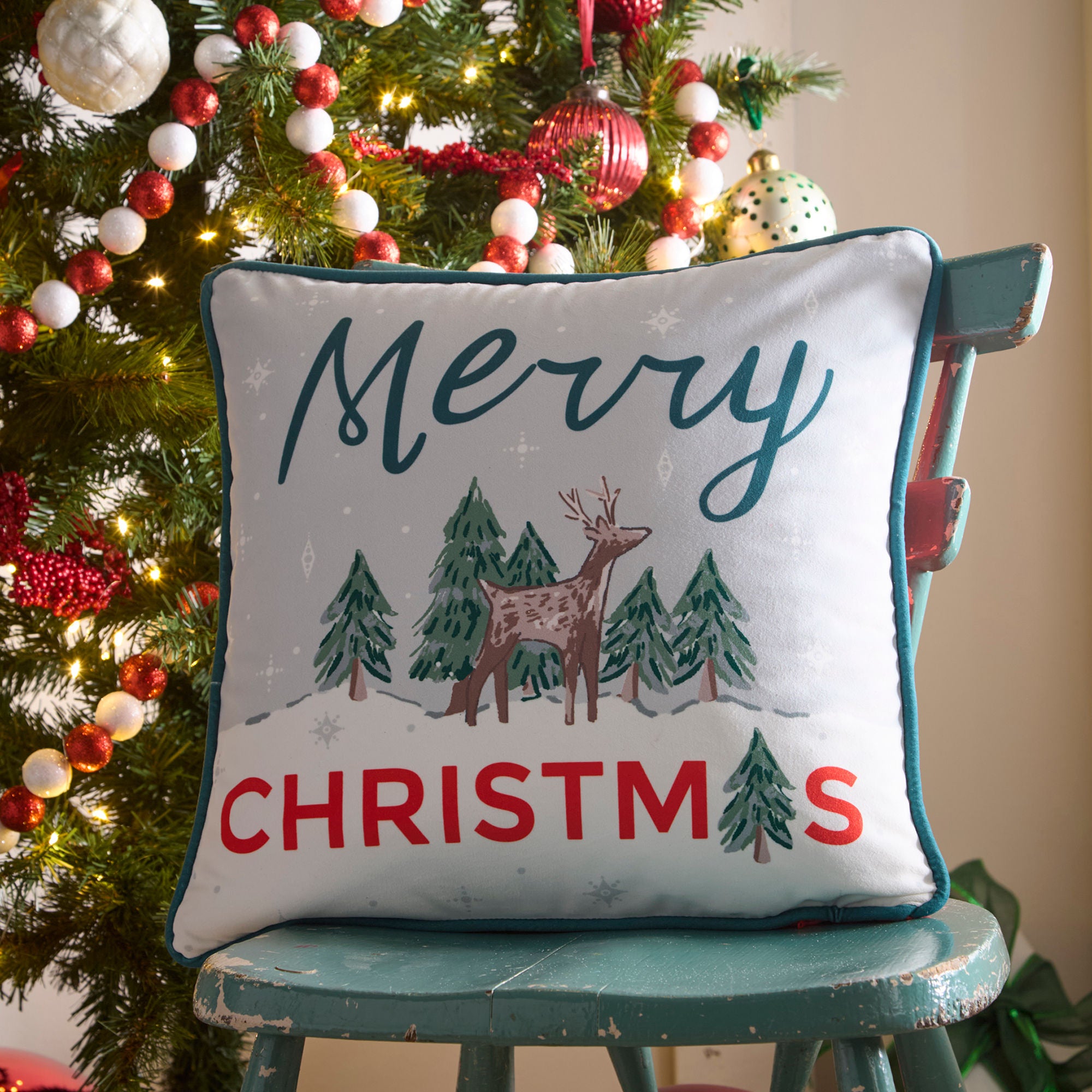 Merry Christmas Deer Cushion in Green 43 x 43cm - Cushion - Fusion