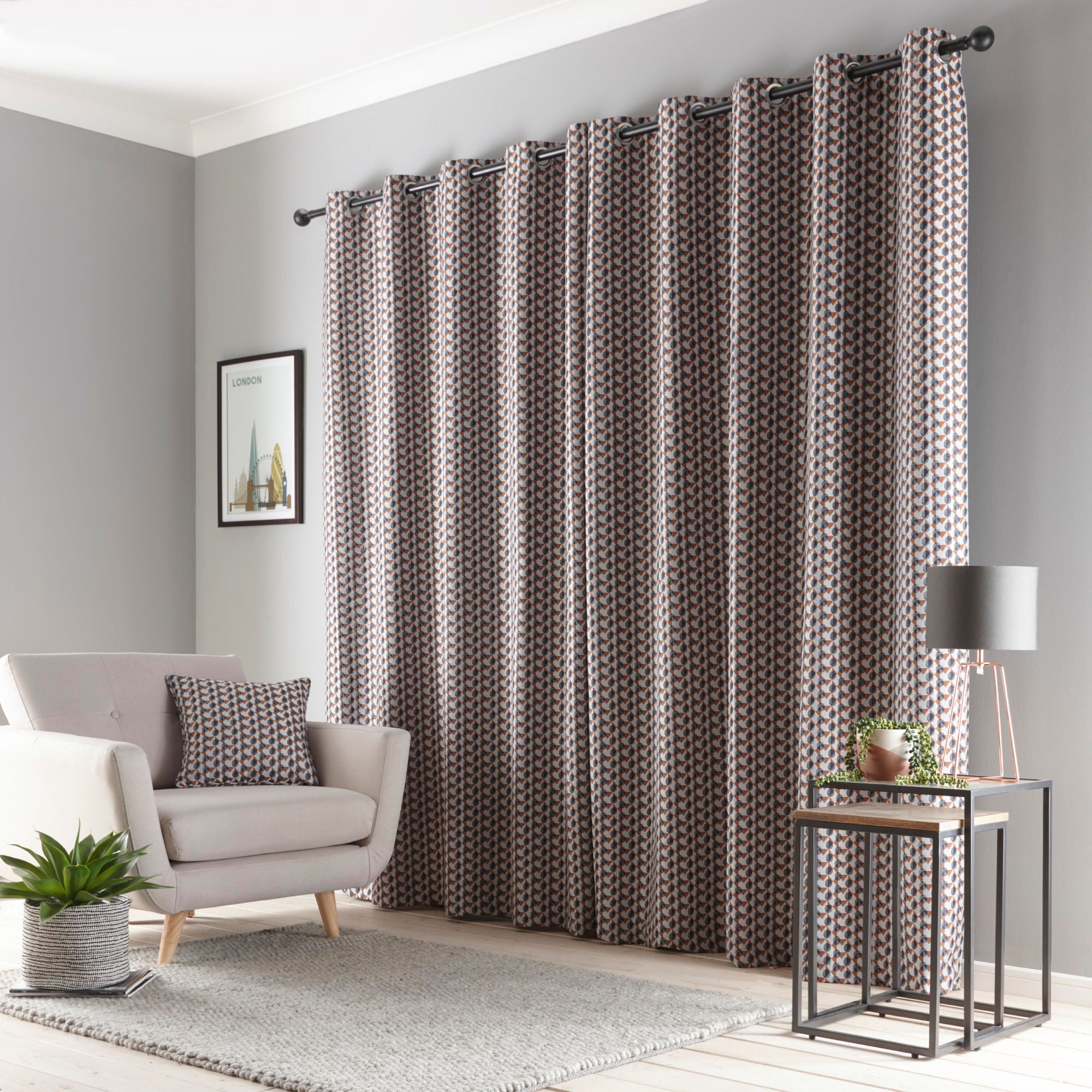 Prado Pair of Eyelet Curtains by Fusion in Grey/Terracotta - Pair of Eyelet Curtains - Fusion