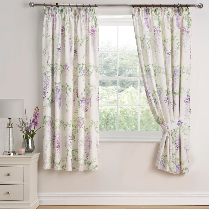 Wisteria Pair of Pencil Pleat Curtains With Tie-Backs by Dreams & Drapes Design in Lilac - Pair of Pencil Pleat Curtains With Tie-Backs - Dreams & Drapes Design