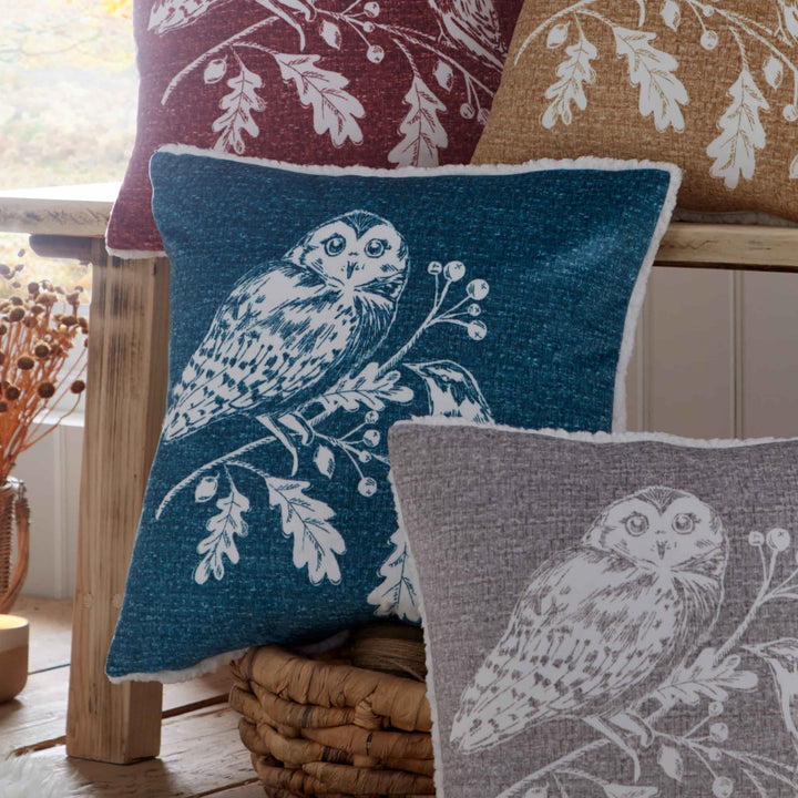 Woodland Owls Cushion by Dreams & Drapes Lodge in Teal 43 x 43cm