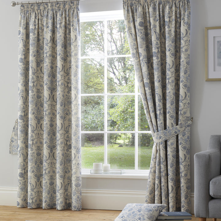 Averie Pair of Pencil Pleat Curtains With Tie-Backs by Dreams & Drapes Design in Blue - Pair of Pencil Pleat Curtains With Tie-Backs - Dreams & Drapes Design