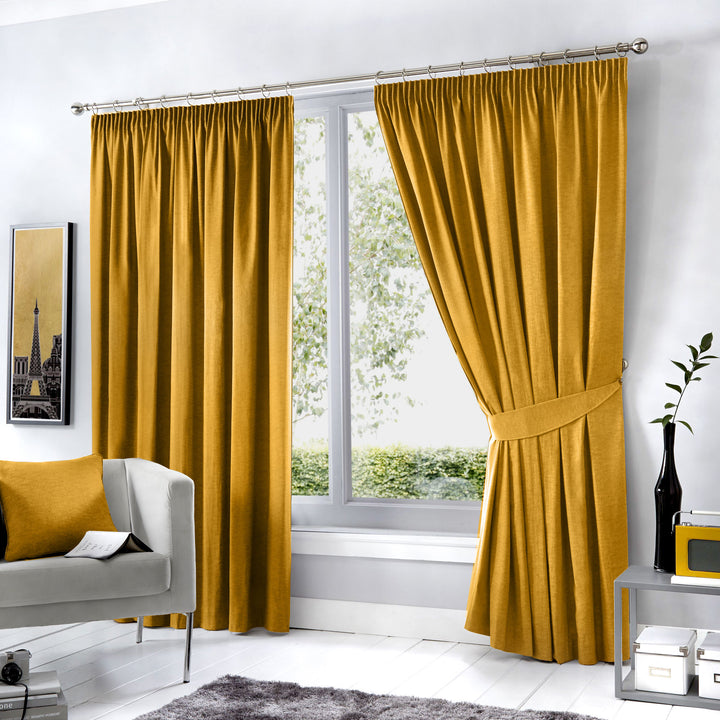 Dijon Pair of Pencil Pleat Curtains by Fusion in Ochre - Pair of Pencil Pleat Curtains - Fusion