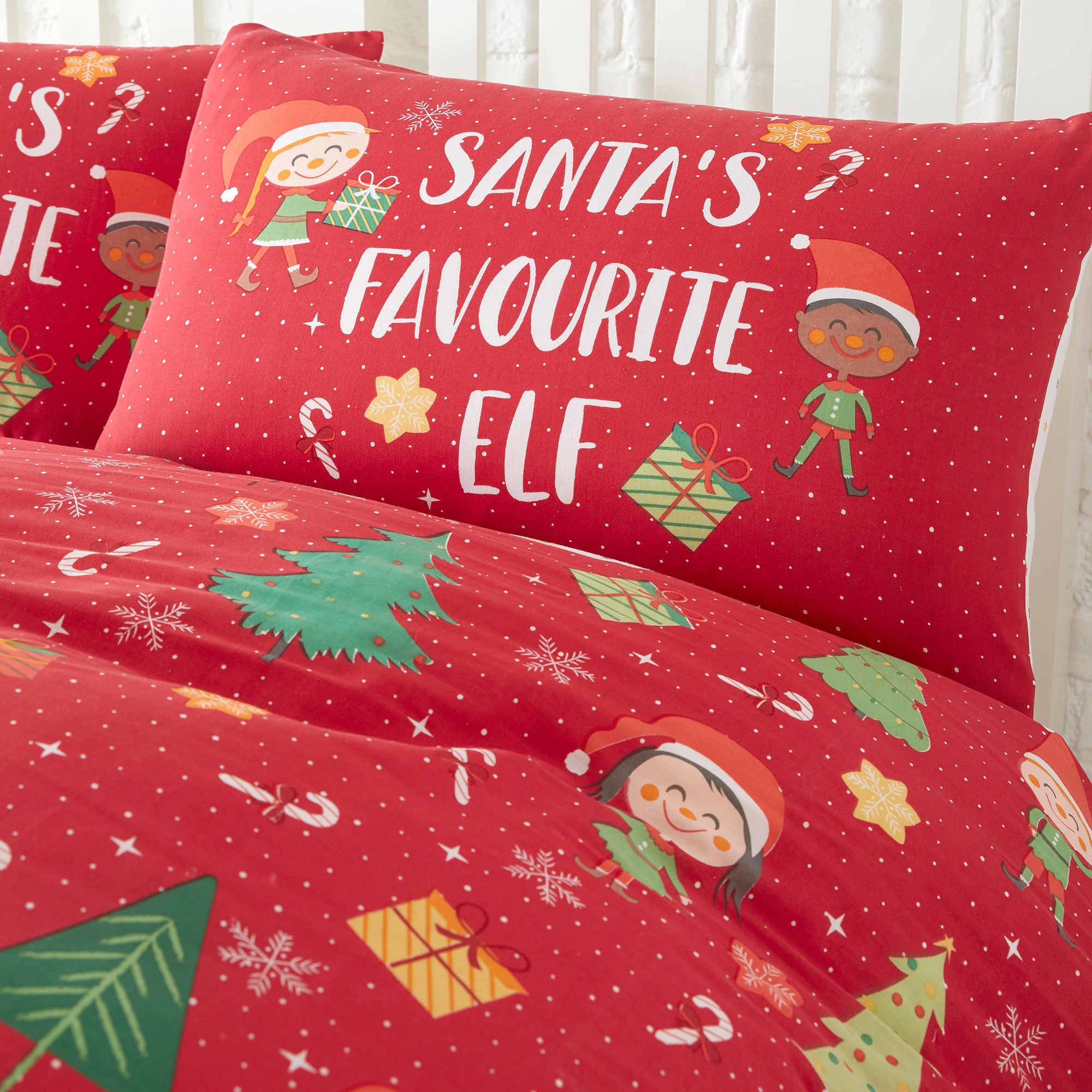 Elf & Santa Duvet Cover Set by Bedlam Christmas in Multi - Duvet Cover Set - Bedlam Christmas