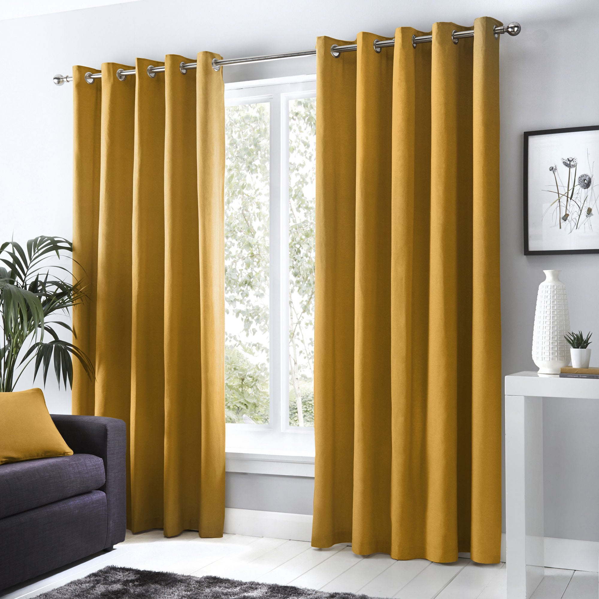 Sorbonne Pair of Eyelet Curtains by Fusion in Ochre - Pair of Eyelet Curtains - Fusion