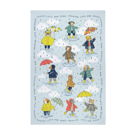 Raining Cats & Dogs Cotton Tea Towel in Blue